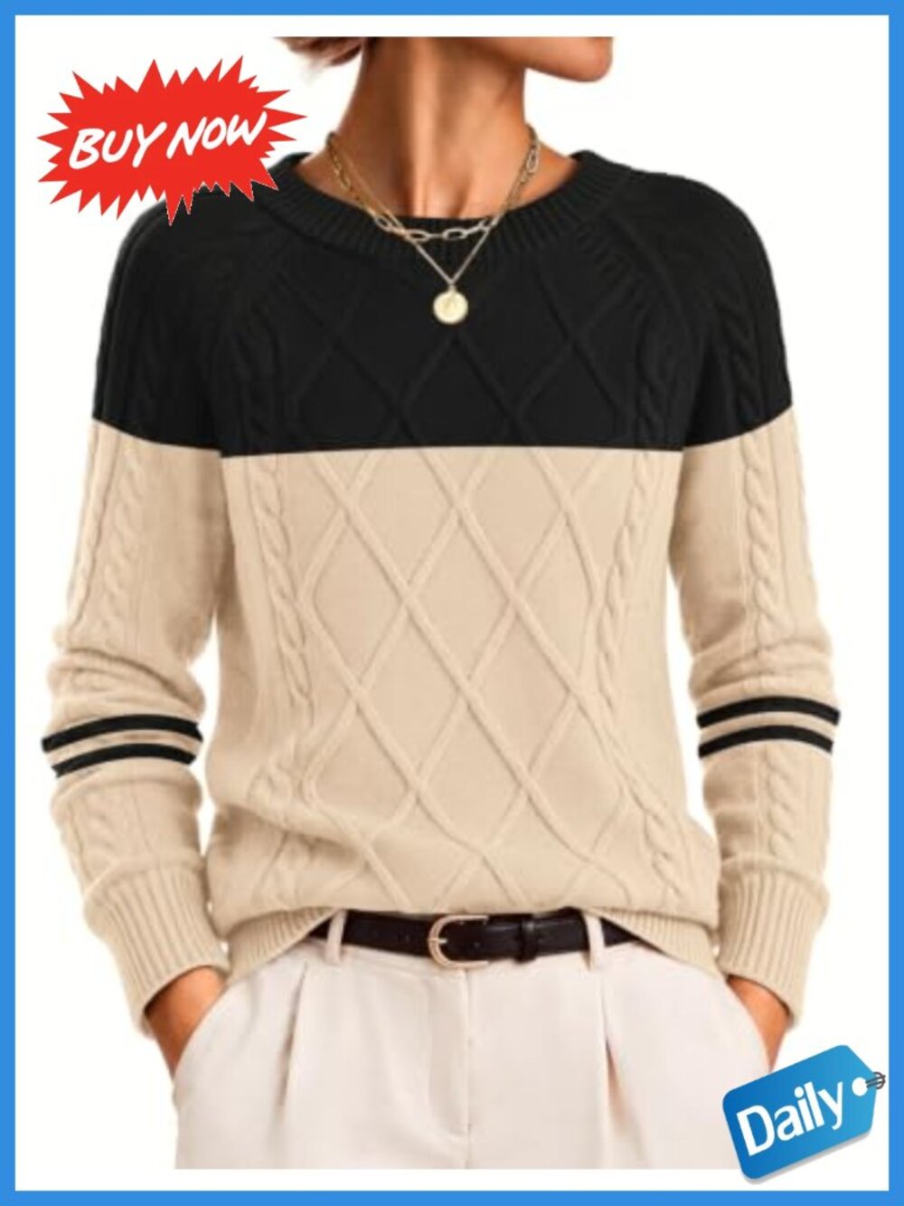 Cable Knit Crew Neck Long Sleeve Pullover Sweater Cotton Blend Women
